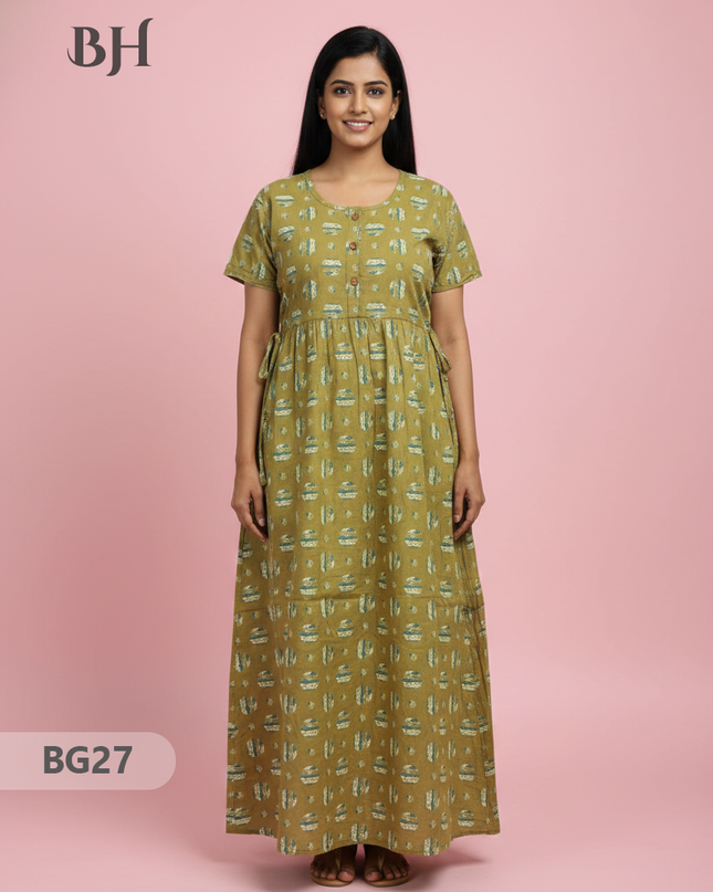Cotton Frock Nighty with Knot & Pocket | Comfortable Free Size Nightwear