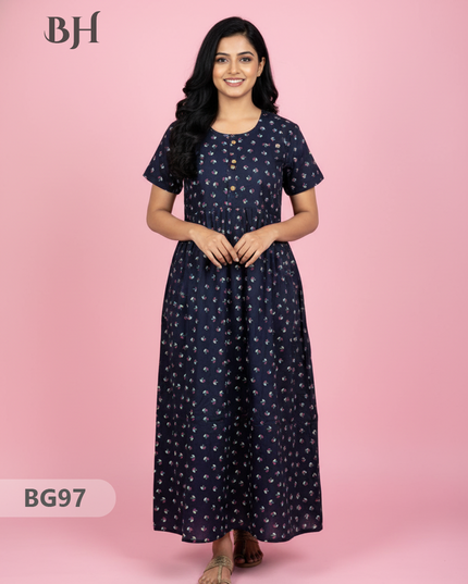 Cotton Frock Nighty with Knot & Pocket | Comfortable Free Size Nightwear