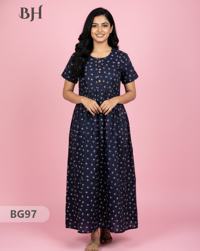 Cotton Frock Nighty with Knot & Pocket | Comfortable Free Size Nightwear