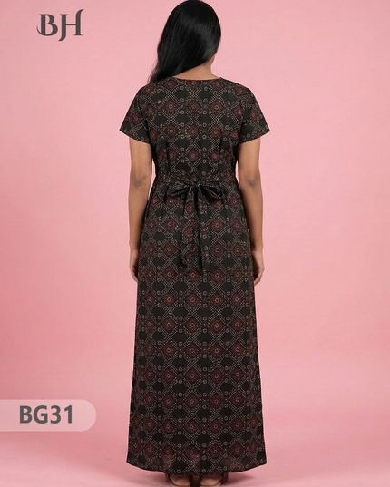 Cotton Frock Nighty with Knot & Pocket | Comfortable Free Size Nightwear