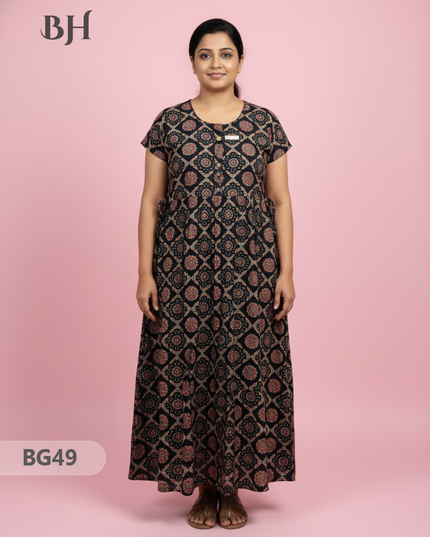 Cotton Frock Nighty with Knot & Pocket | Comfortable Free Size Nightwear