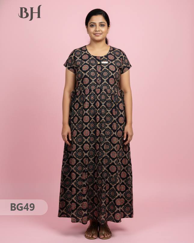 Cotton Frock Nighty with Knot & Pocket | Comfortable Free Size Nightwear