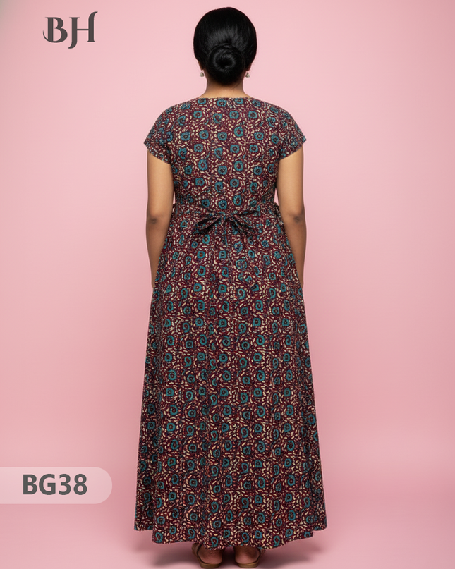 Cotton Frock Nighty with Knot & Pocket | Comfortable Free Size Nightwear