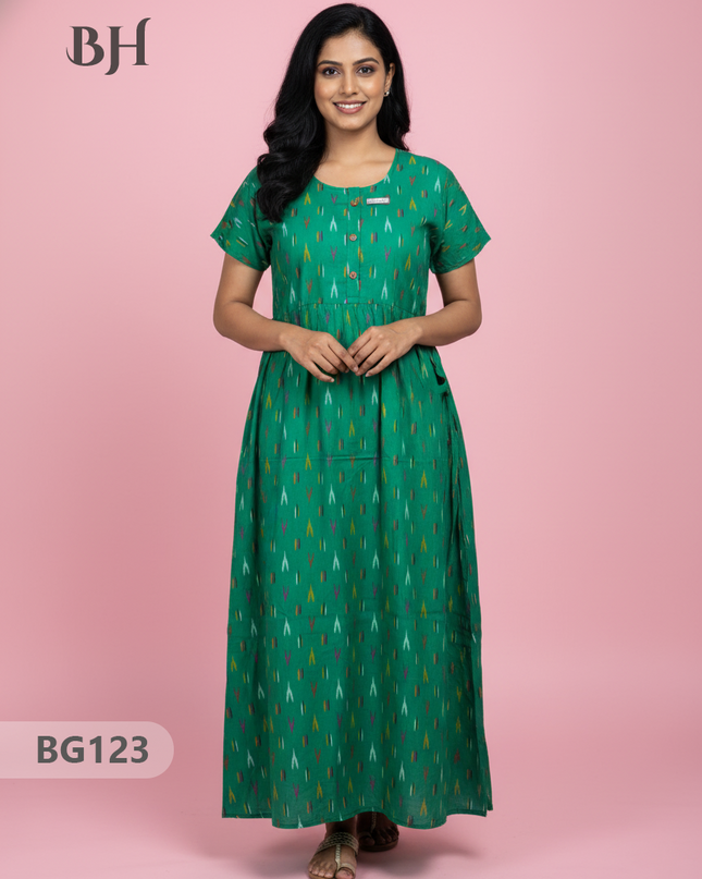 Cotton Frock Nighty with Knot & Pocket | Comfortable Free Size Nightwear