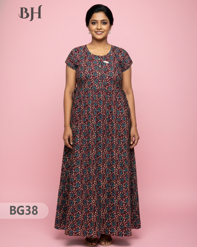 Cotton Frock Nighty with Knot & Pocket | Comfortable Free Size Nightwear