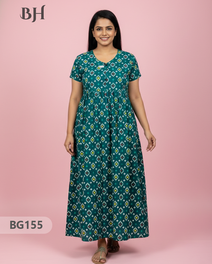 Cotton Frock Nighty with Knot & Pocket | Comfortable Free Size Nightwear