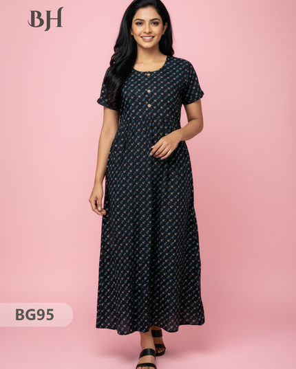 Cotton Frock Nighty with Knot & Pocket | Comfortable Free Size Nightwear
