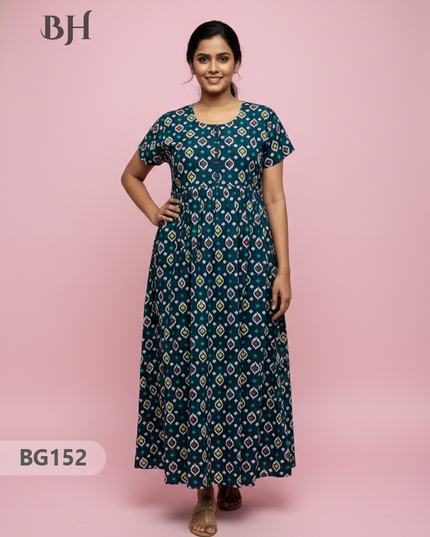 Cotton Frock Nighty with Knot & Pocket | Comfortable Free Size Nightwear