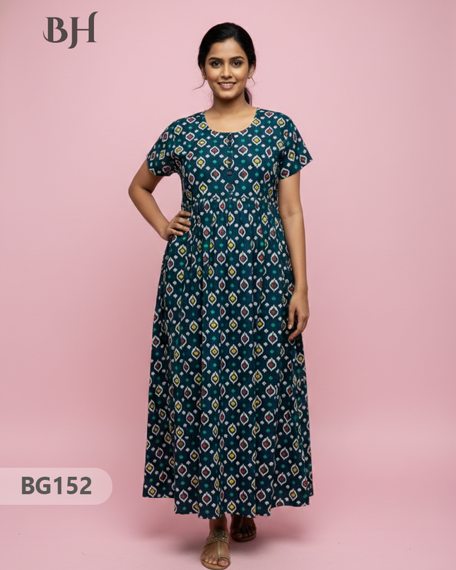 Cotton Frock Nighty with Knot & Pocket | Comfortable Free Size Nightwear