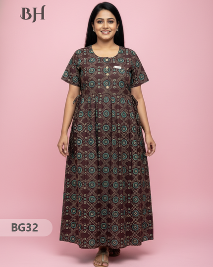 Cotton Frock Nighty with Knot & Pocket | Comfortable Free Size Nightwear