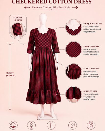 Handloom Cotton Frock in Rust Orange & Brick Red Checks with Stylish Neck Cut Work | Soft & Comfortable