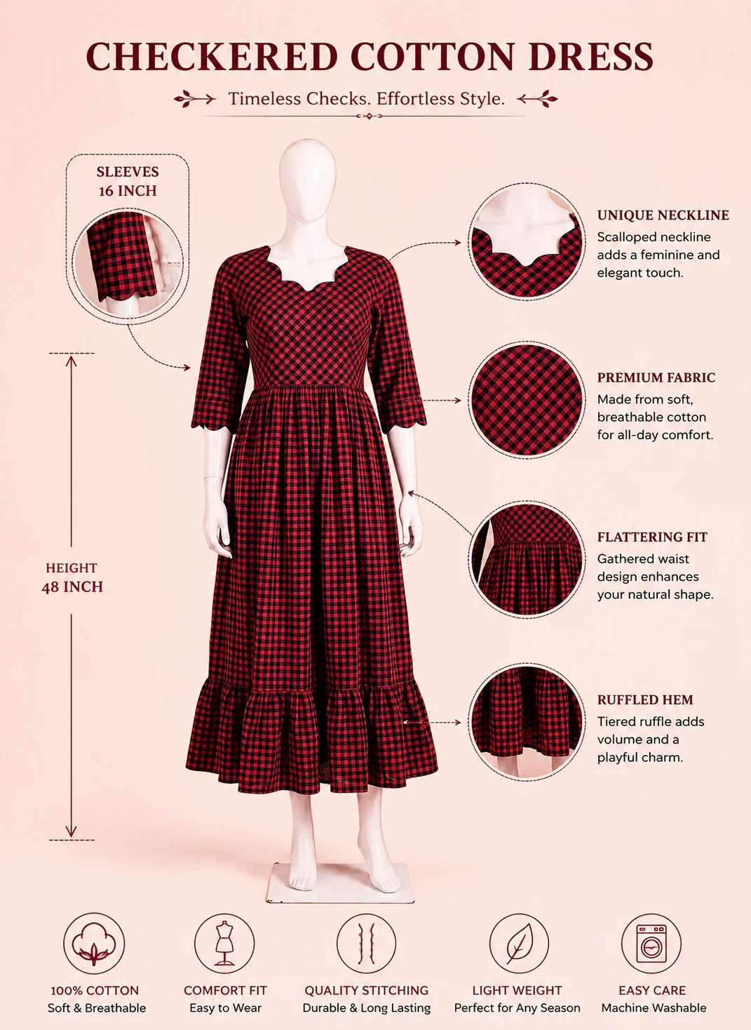 Mangalagiri Cotton Frock in Silver Gray & Black Checks with Stylish Neck Cut Work | Soft & Comfortable