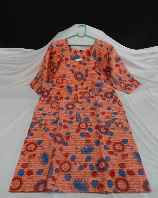 Premium Cotton Straight Cut Kurti Orange – Elegant Floral Print for Women