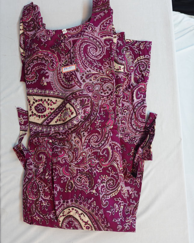 Mul Cotton Frock with Wine colour Puff hands with Knots & Zero Shrinkage