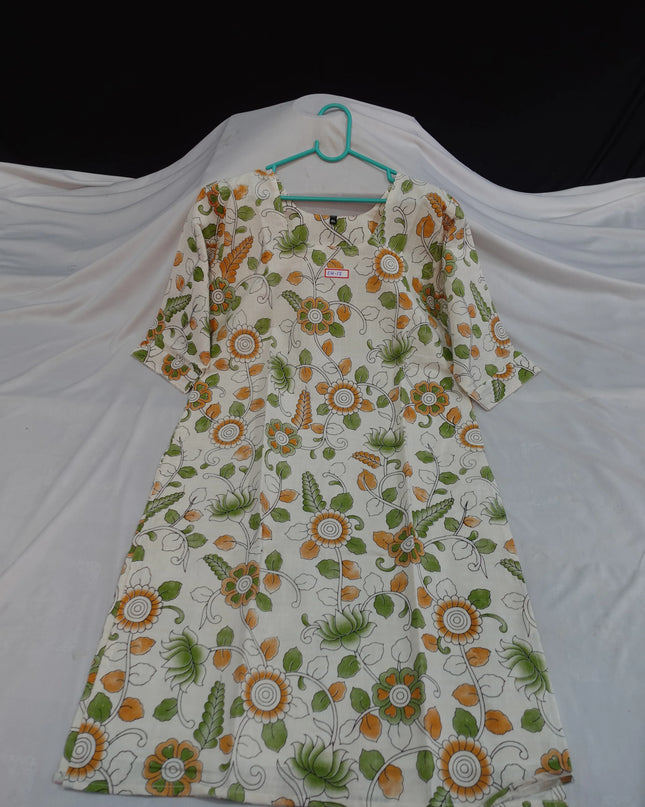 Premium Cotton Straight Cut Kurti Cream – Elegant Floral Print for Women