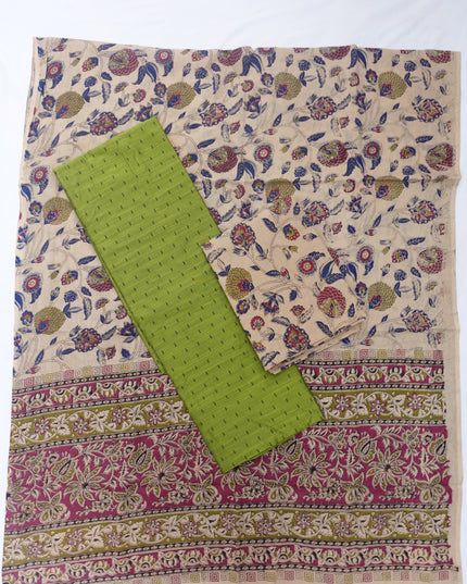 Raw Silk Dress Material with Skin Colour Kalmkari Dupatta & Skin Colour Bottom