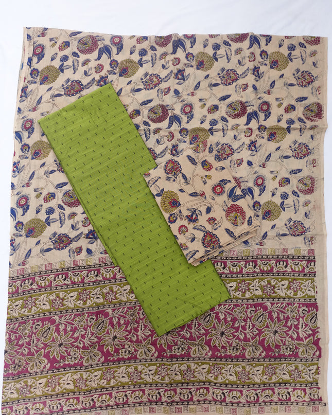 Raw Silk Dress Material with Skin Colour Kalmkari Dupatta & Skin Colour Bottom