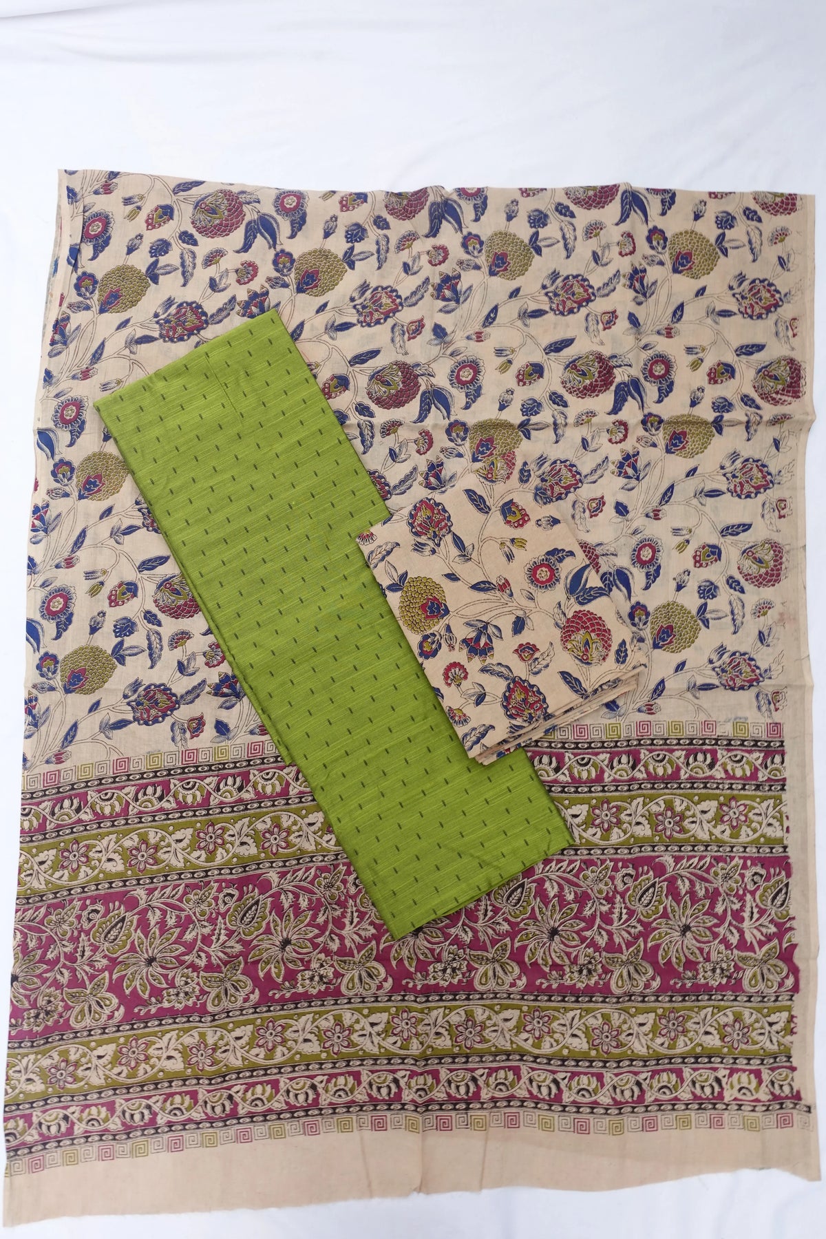 Raw Silk Dress Material with Skin Colour Kalmkari Dupatta & Skin Colour Bottom