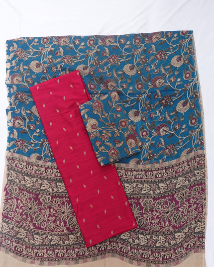 Raw Silk Dress Material with Blue Colour Kalmkari Dupatta & Blue Colour Bottom