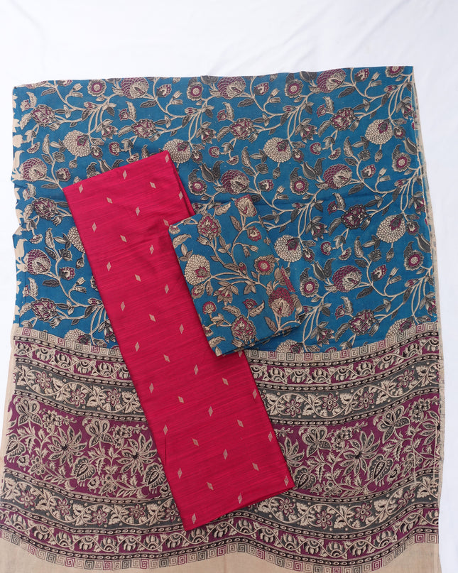 Raw Silk Dress Material with Blue Colour Kalmkari Dupatta & Blue Colour Bottom