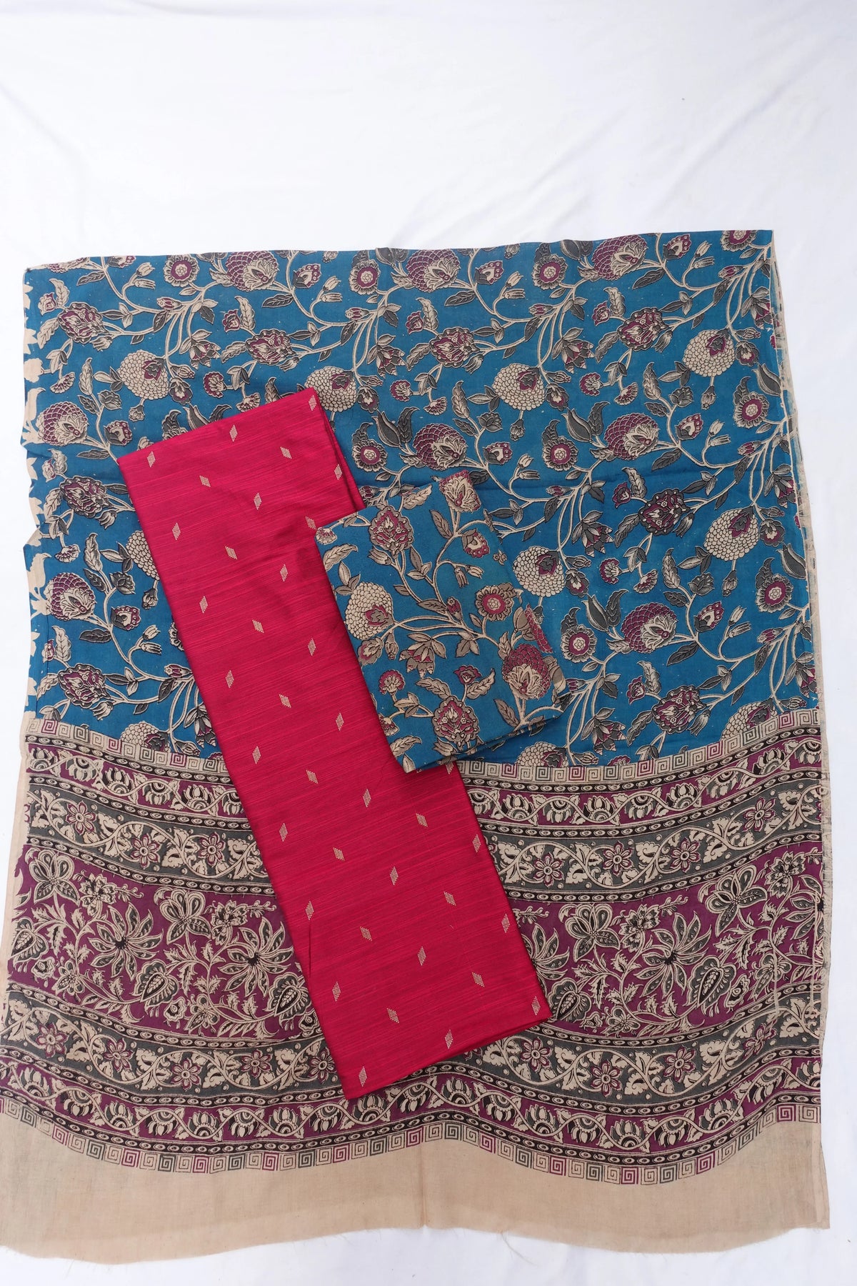 Raw Silk Dress Material with Blue Colour Kalmkari Dupatta & Blue Colour Bottom