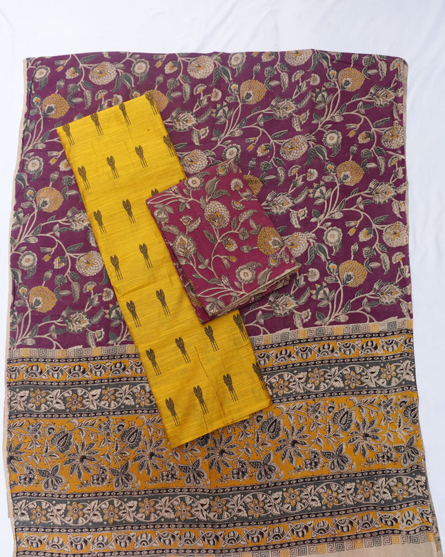 Raw Silk Dress Material with Onion Green Colour Kalmkari Dupatta & Onion Green Colour Bottom