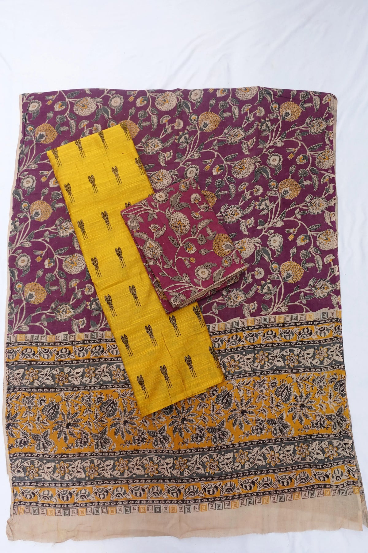 Raw Silk Dress Material with Onion Green Colour Kalmkari Dupatta & Onion Green Colour Bottom