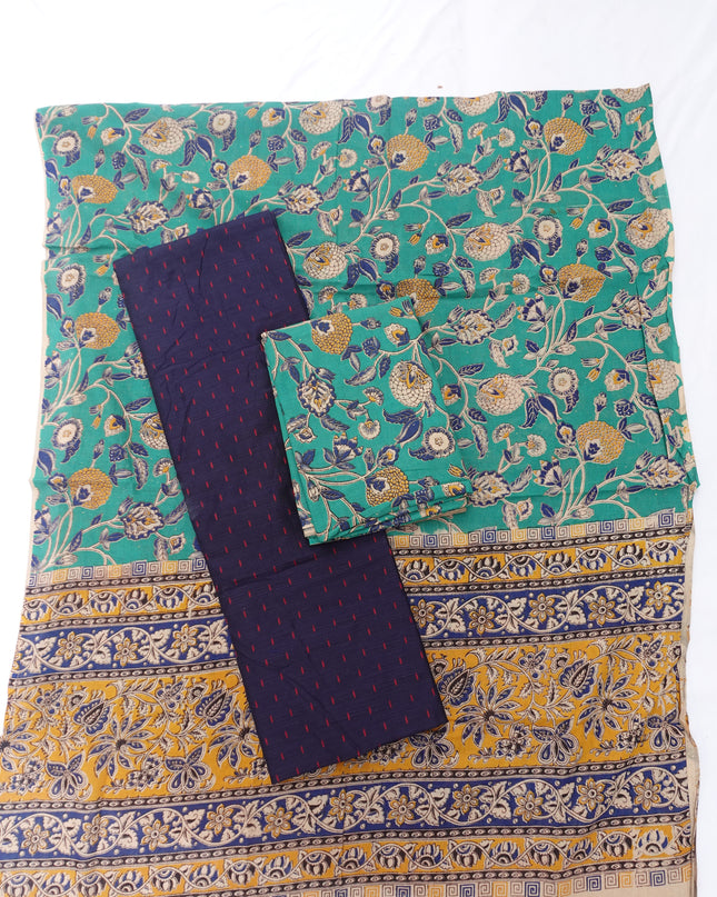 Raw Silk Dress Material with Green Colour Kalmkari Dupatta & Green Colour Bottom