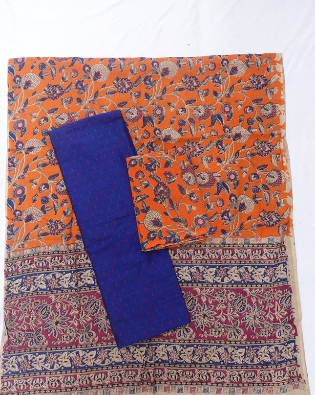 Raw Silk Dress Material with Orange Colour Kalmkari Dupatta & Orange Colour Bottom