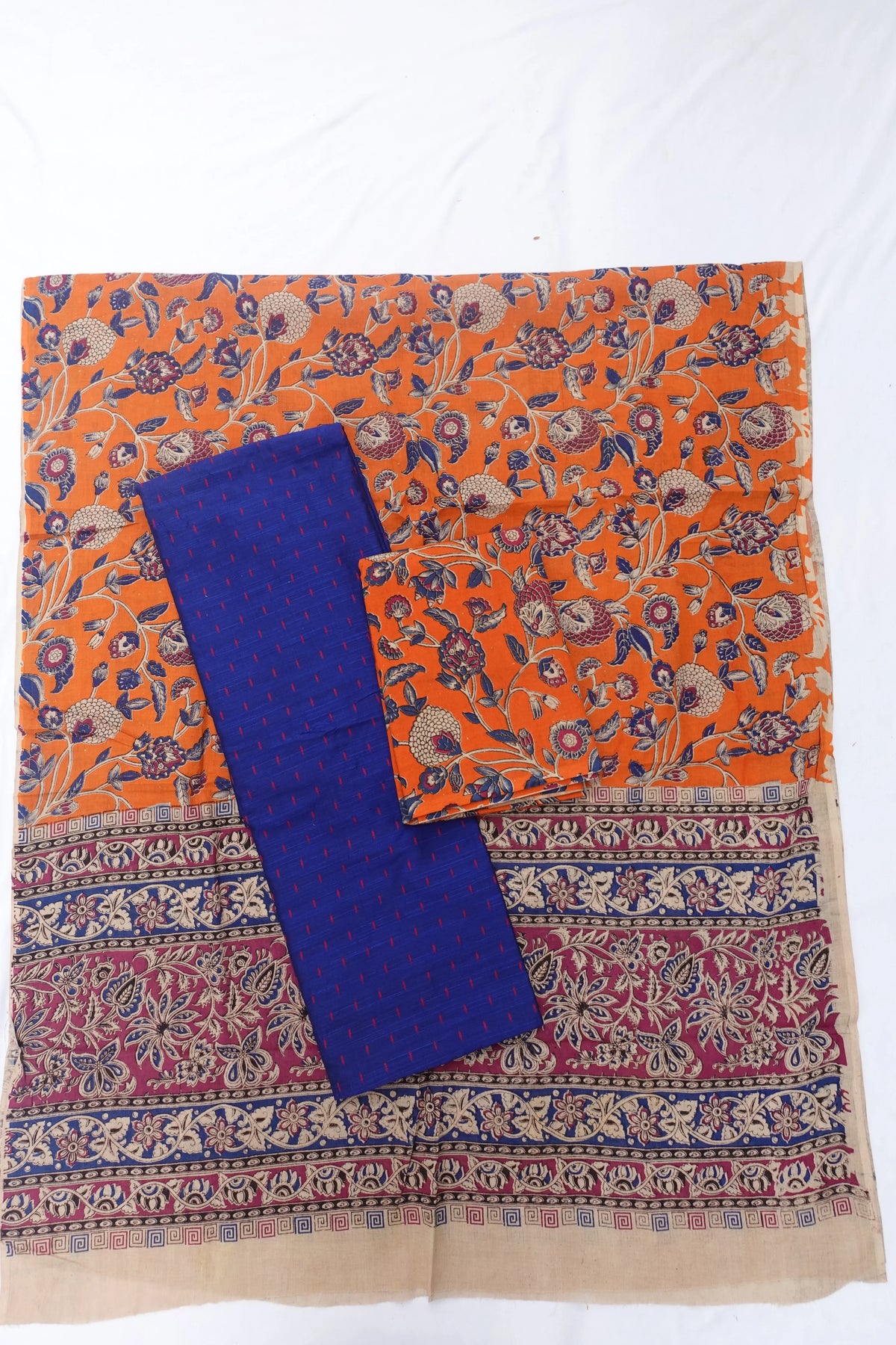 Raw Silk Dress Material with Orange Colour Kalmkari Dupatta & Orange Colour Bottom