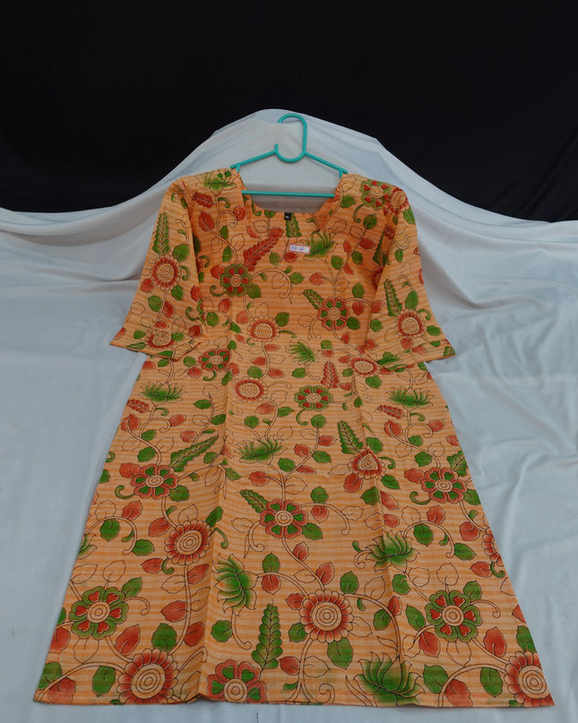Premium Cotton Straight Cut Kurti Orange – Elegant Floral Print for Women