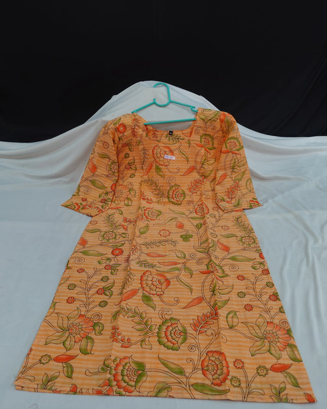 Premium Cotton Straight Cut Kurti – Fiery Orange Floral Print Design
