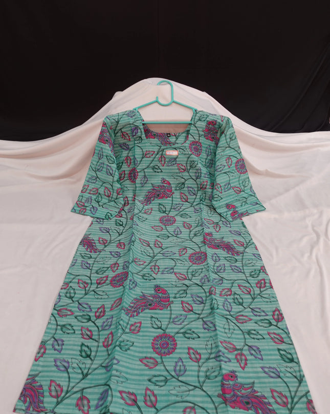Premium Straight Cut Kurti – Spanish Green Colour with Beautiful Floral Print