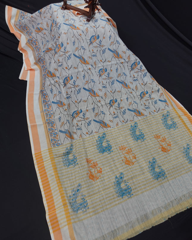 Chirala cotton saree half white shade and printed blouse