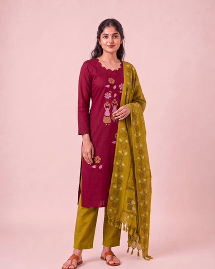 Traditional Gollabhama Print Cotton 3PC Kurti Set in Maroon Colour | Cut Work Neck Design | Free Style Bottom | Ready to Wear