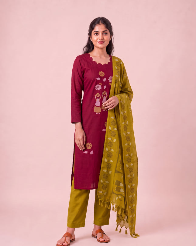 Traditional Gollabhama Print Cotton 3PC Kurti Set in Maroon Colour | Cut Work Neck Design | Free Style Bottom | Ready to Wear