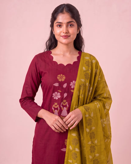 Traditional Gollabhama Print Cotton 3PC Kurti Set in Maroon Colour | Cut Work Neck Design | Free Style Bottom | Ready to Wear