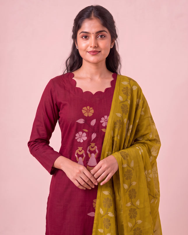 Traditional Gollabhama Print Cotton 3PC Kurti Set in Maroon Colour | Cut Work Neck Design | Free Style Bottom | Ready to Wear