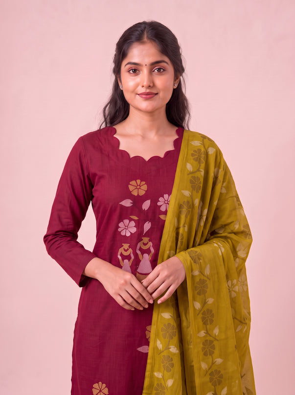 Traditional Gollabhama Print Cotton 3PC Kurti Set in Maroon Colour | Cut Work Neck Design | Free Style Bottom | Ready to Wear