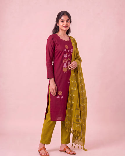 Traditional Gollabhama Print Cotton 3PC Kurti Set in Maroon Colour | Cut Work Neck Design | Free Style Bottom | Ready to Wear