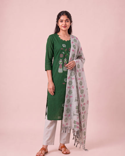 Traditional Gollabhama Print Cotton 3PC Kurti Set in Bottle Green Colour | Cut Work Neck Design | Free Style Bottom | Ready to Wear
