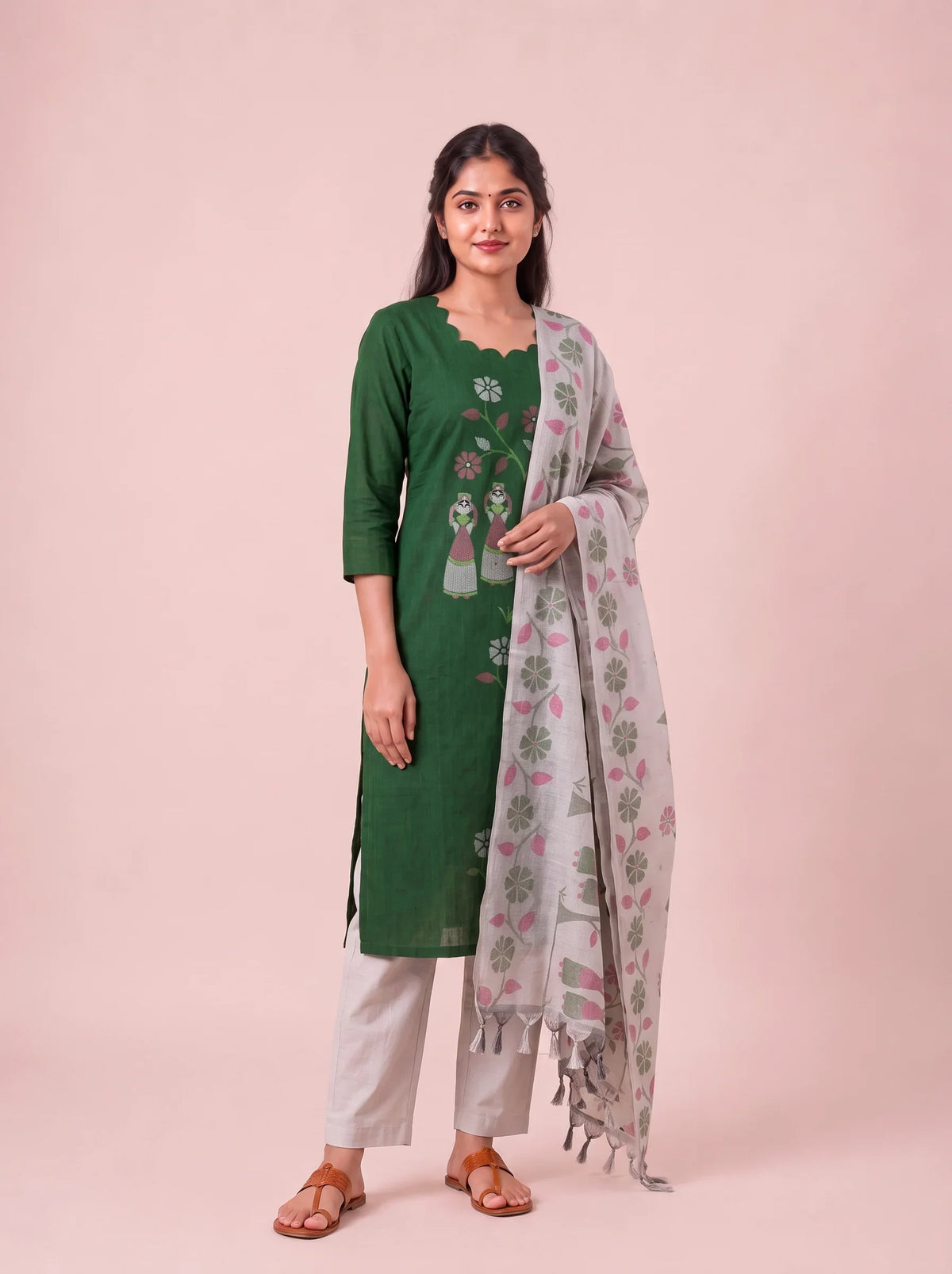 Traditional Gollabhama Print Cotton 3PC Kurti Set in Bottle Green Colour | Cut Work Neck Design | Free Style Bottom | Ready to Wear