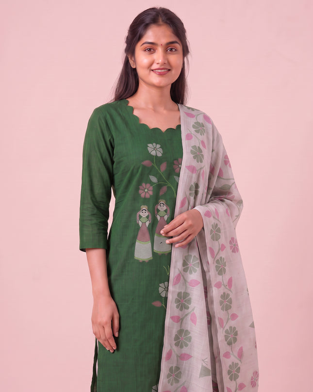 Traditional Gollabhama Print Cotton 3PC Kurti Set in Bottle Green Colour | Cut Work Neck Design | Free Style Bottom | Ready to Wear