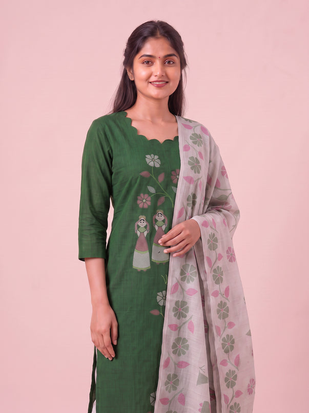 Traditional Gollabhama Print Cotton 3PC Kurti Set in Bottle Green Colour | Cut Work Neck Design | Free Style Bottom | Ready to Wear