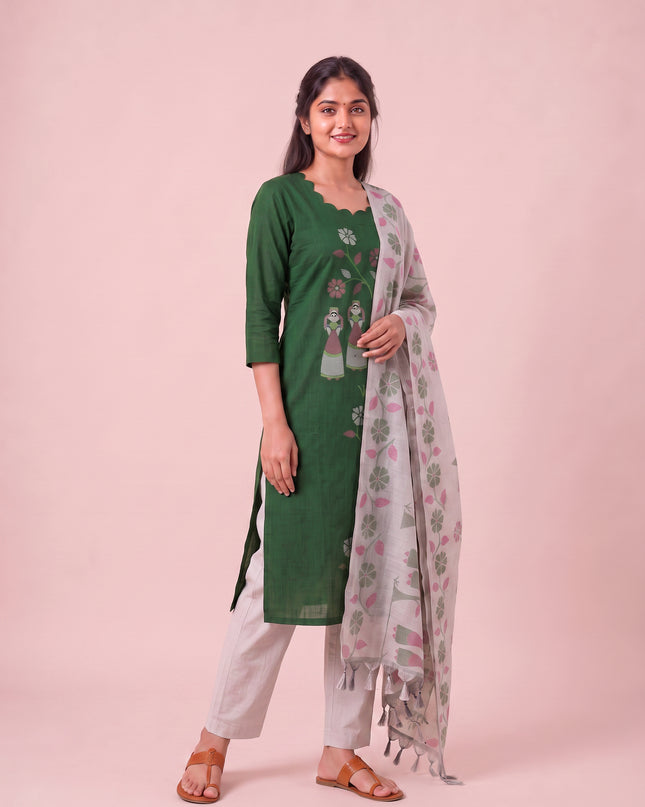 Traditional Gollabhama Print Cotton 3PC Kurti Set in Bottle Green Colour | Cut Work Neck Design | Free Style Bottom | Ready to Wear