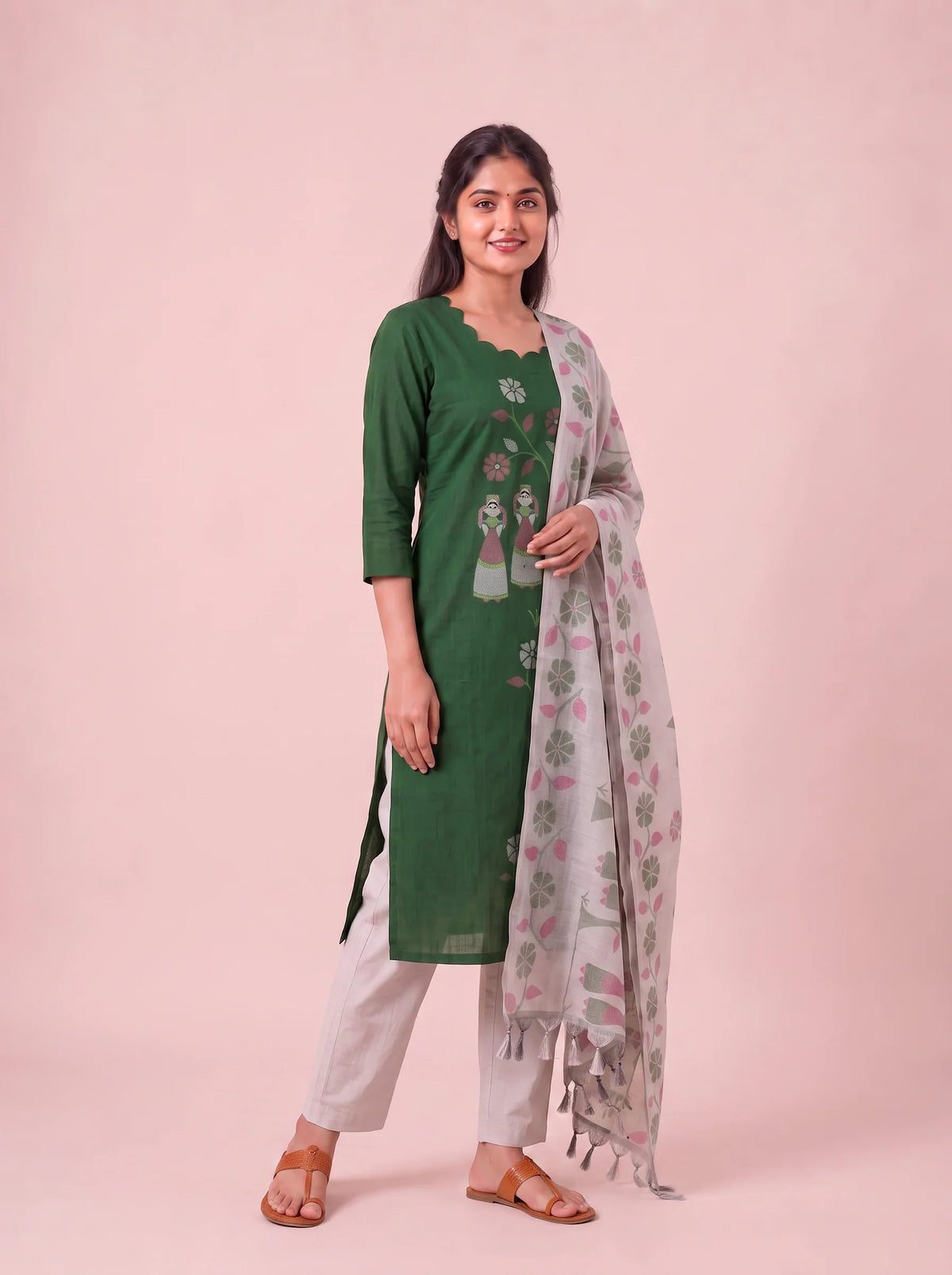 Traditional Gollabhama Print Cotton 3PC Kurti Set in Bottle Green Colour | Cut Work Neck Design | Free Style Bottom | Ready to Wear