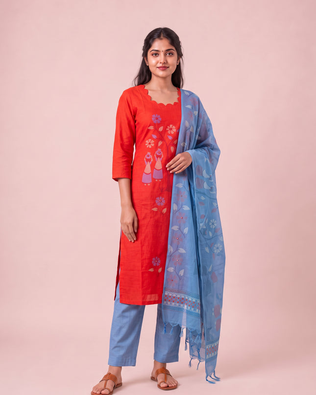 Traditional Gollabhama Print Cotton 3PC Kurti Set in Coral Red Colour | Cut Work Neck Design | Free Style Bottom | Ready to Wear