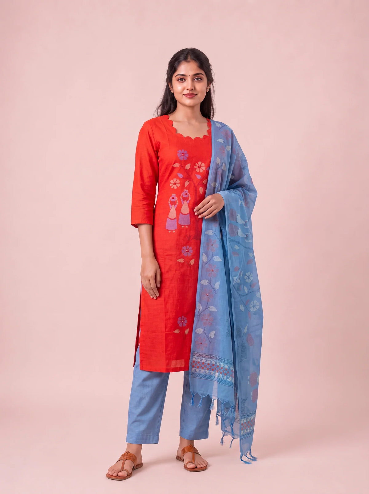 Traditional Gollabhama Print Cotton 3PC Kurti Set in Coral Red Colour | Cut Work Neck Design | Free Style Bottom | Ready to Wear