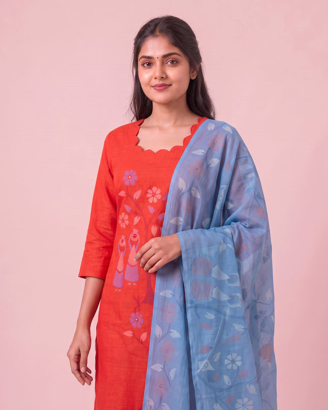 Traditional Gollabhama Print Cotton 3PC Kurti Set in Coral Red Colour | Cut Work Neck Design | Free Style Bottom | Ready to Wear