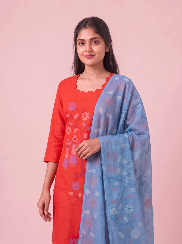 Traditional Gollabhama Print Cotton 3PC Kurti Set in Coral Red Colour | Cut Work Neck Design | Free Style Bottom | Ready to Wear